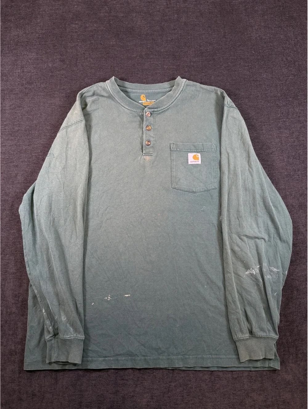 Carhartt Long Sleeve Henley Shirt with Chest Pocket in Faded Green, Size Large
